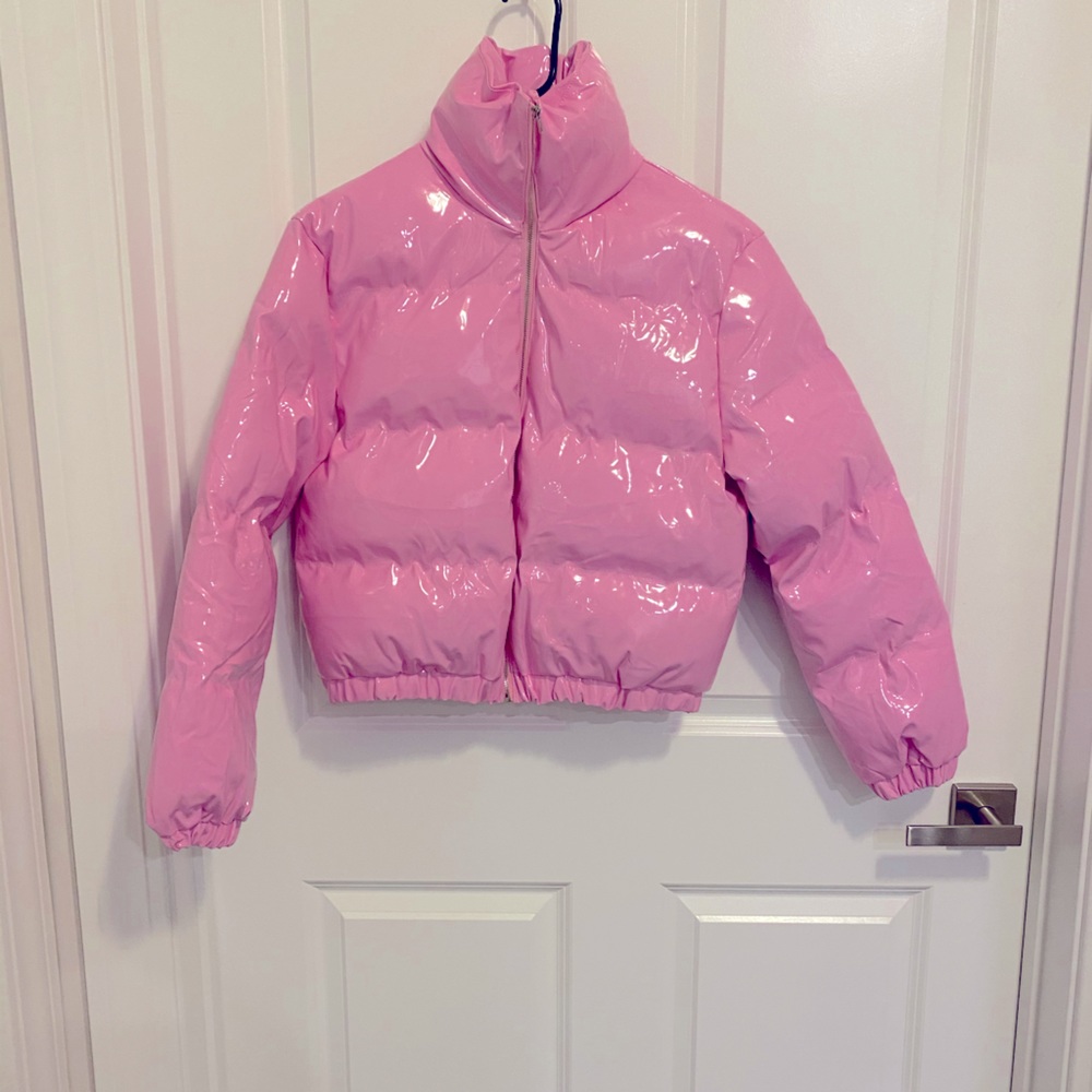 Barbie pink puffer shiny jacket never worn